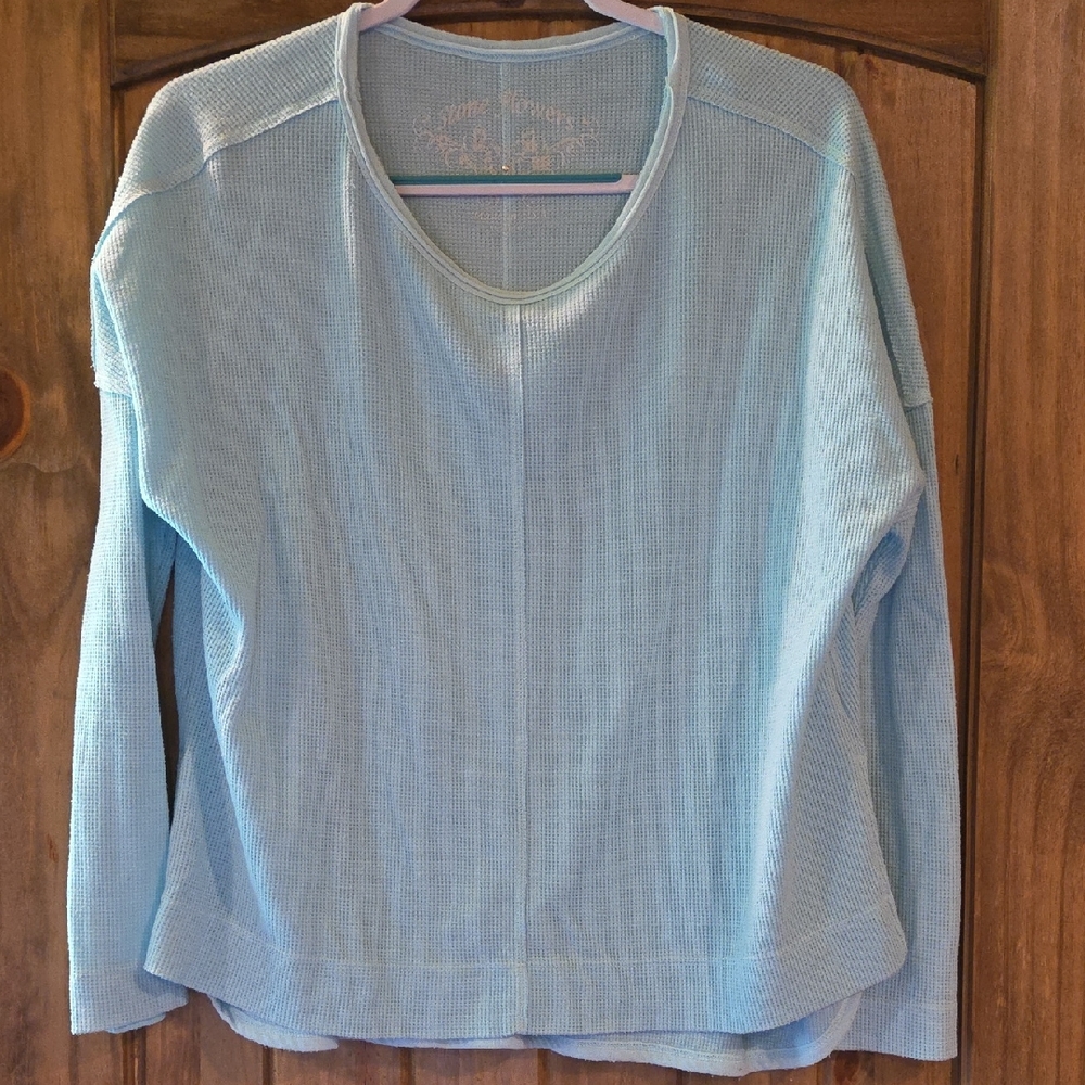 Sky Blue Women's Crew Neck Waffle Fabric Top